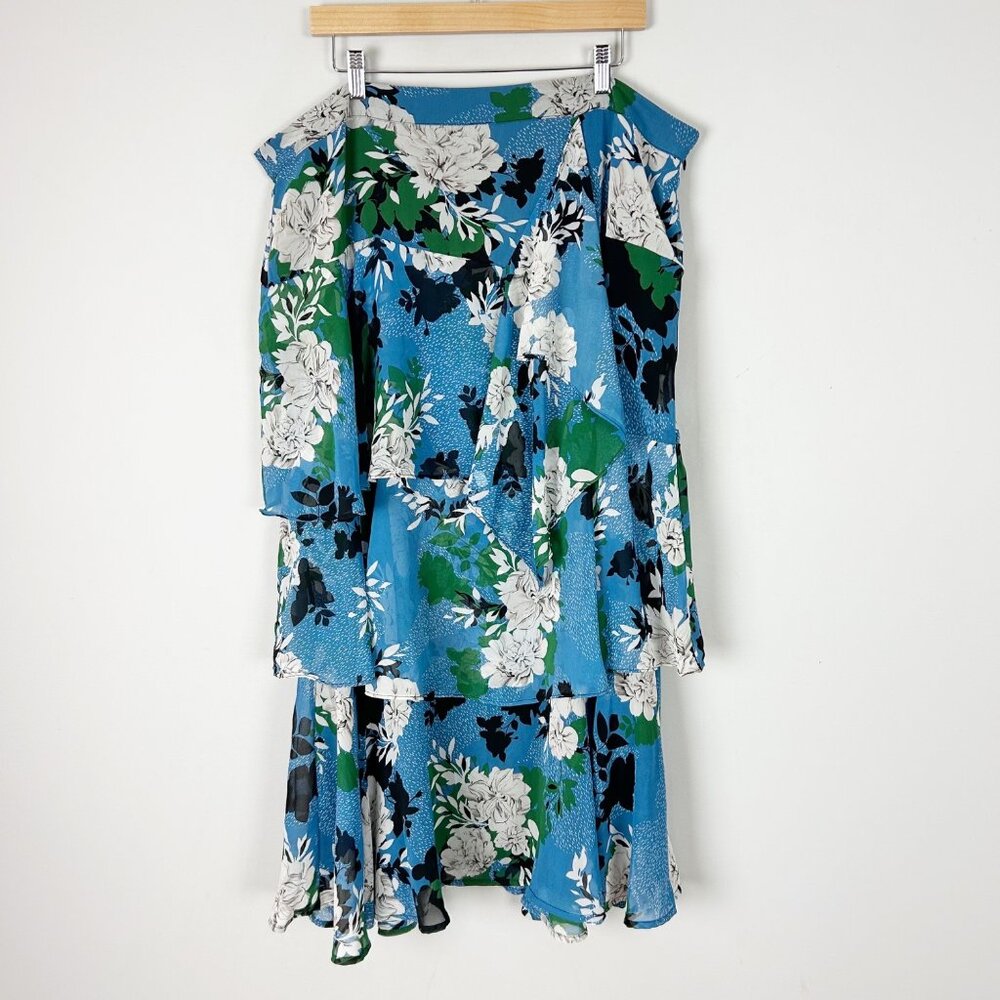 Women's Y2K Tiered Blue Floral Midi Skirt Ruffle Boho Feminine Romantic Size 18W